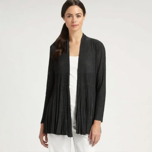 Eileen Fisher Ribbed Pleated Open Front Wool Long Sleeve Cardigan Size PM - Picture 1 of 7